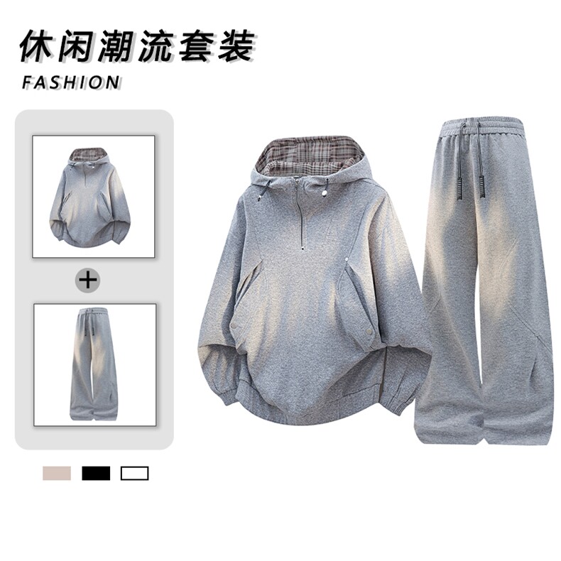 重磅拼接半高领连帽卫衣外套秋宽松休闲运动套装905+906-P110,男装休闲套装,星座717