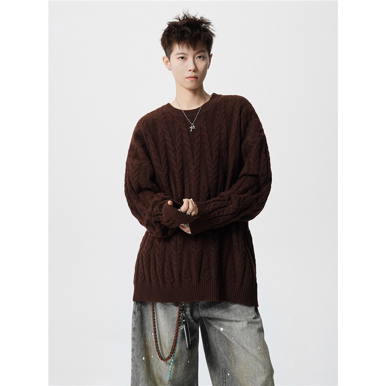 8XL-M麻花毛衣男休闲大码慵懒风情侣圆领针织衫线衣外套MY1512P65，男装针织衫/毛衣，电商B238