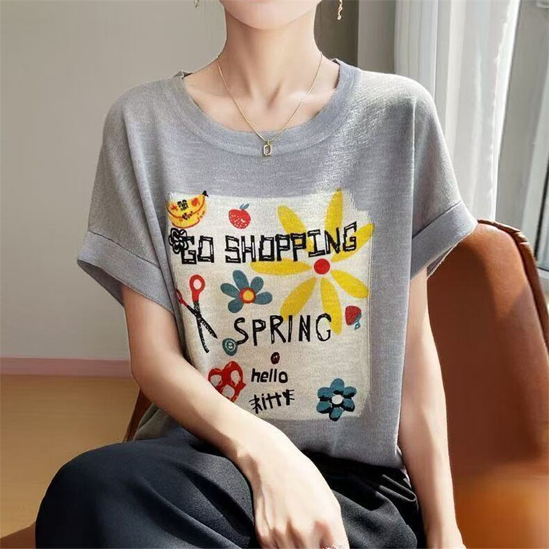 竹节麻针织短袖t恤女2025新款夏季时尚宽松体恤薄款时尚打底上衣,女装T恤,萱芳婷羊绒