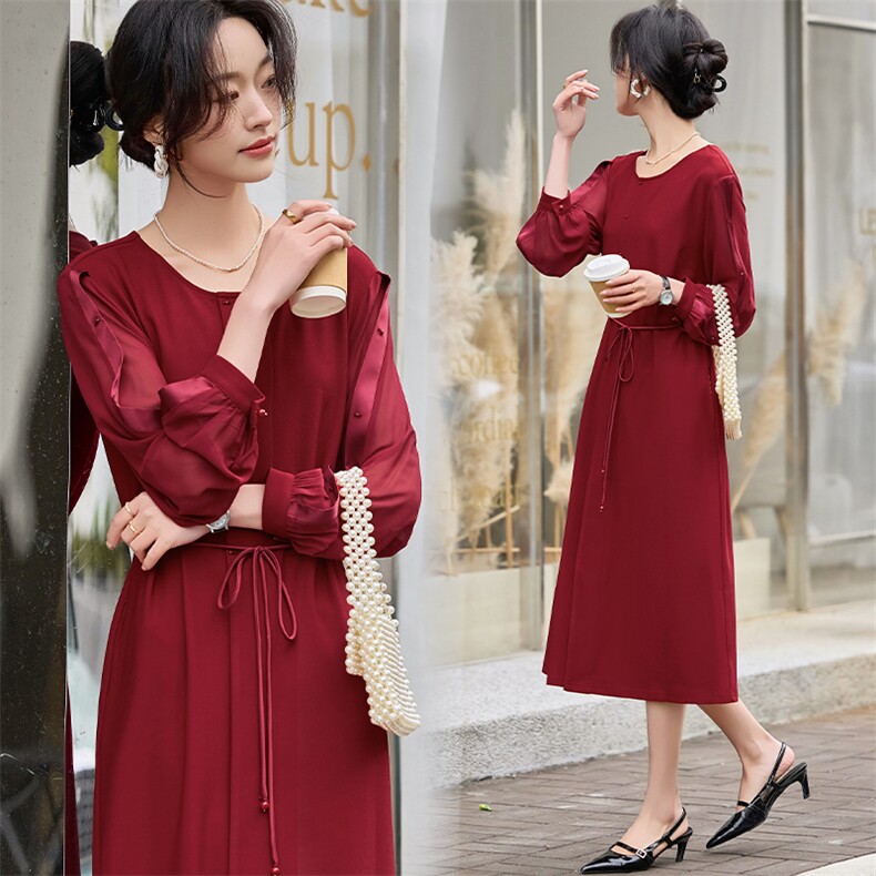 2025年春季新款中长款优雅气质纯色系带轻奢高端精品现货连衣裙，女装连衣裙，初闻兮