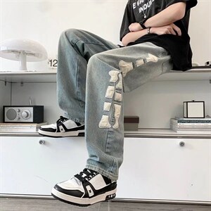 欧美牛仔裤男潮牌ins长裤韩版潮流宽松阔腿裤港风老爹裤N0918-P49图片