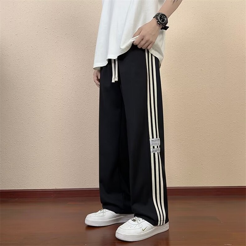 裤子男春季2024新款美式条纹拼接宽松阔腿直筒卫裤休闲运动长裤，男装休闲裤，星座1013