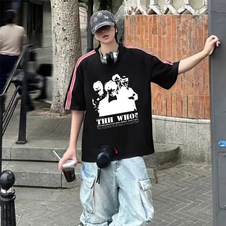 抖音得物品质二开240克宽松纯棉美式潮牌印花三条杠中性风短袖T恤,男装T恤,电商A486-1