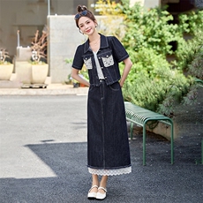 2025夏季新款时尚气质蕾丝拼接牛仔复古洋气套装裙，女装套装/套裙，妙形