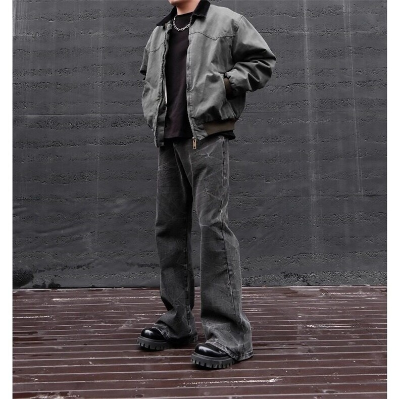 美式复古水洗闪电纹路牛仔裤男街头设计感小众潮牌喇叭裤,男装牛仔裤,星座506A