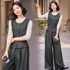 休闲时尚马甲牛仔套装女2025早秋新款气质长袖打底衫阔腿裤三件套，女装套装/套裙，众宇琦