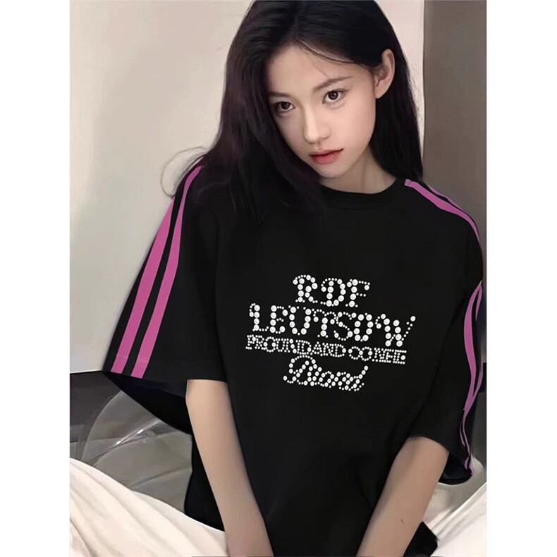 抖音得物品质二开240克宽松纯棉美式潮牌印花三条杠中性风短袖T恤图片