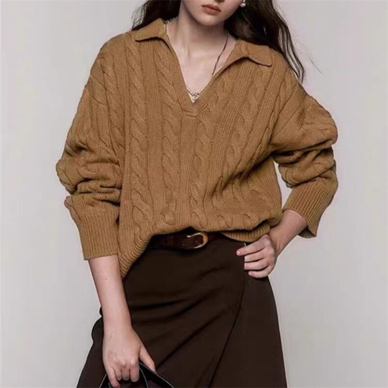 时尚麻花polo领女士羊毛衫羊毛宽松显瘦温暖舒适图片