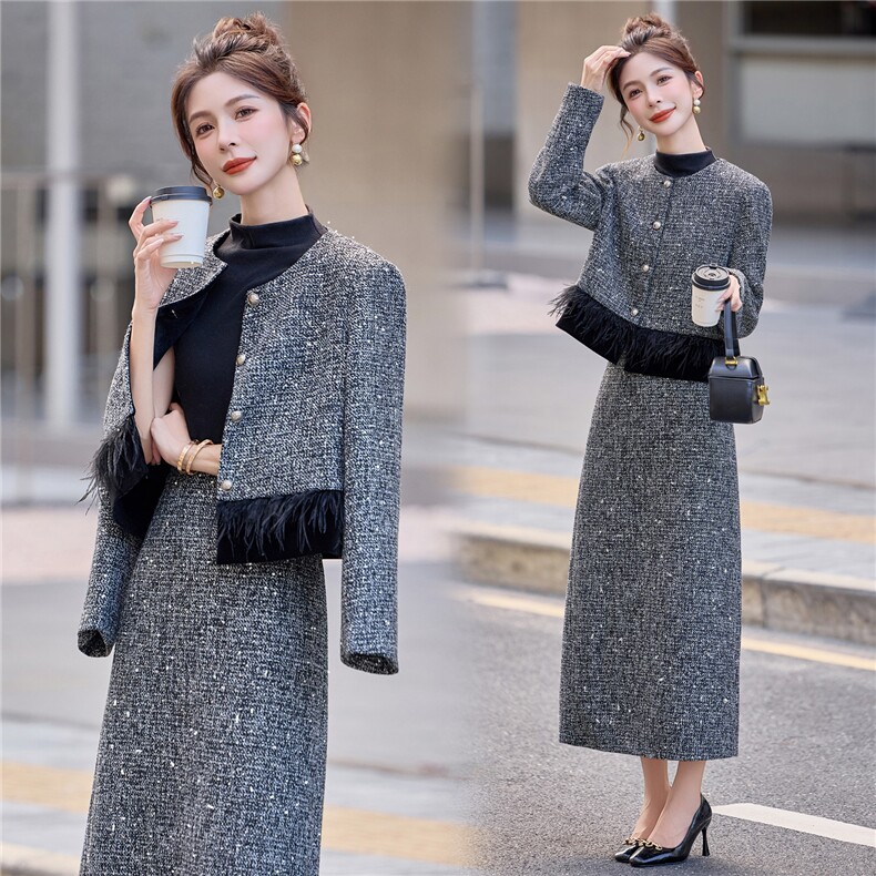 【bao款现货已出】2025秋冬新款法式小香气质粗花呢长裙两件套，女装套装/套裙，兰菲阁