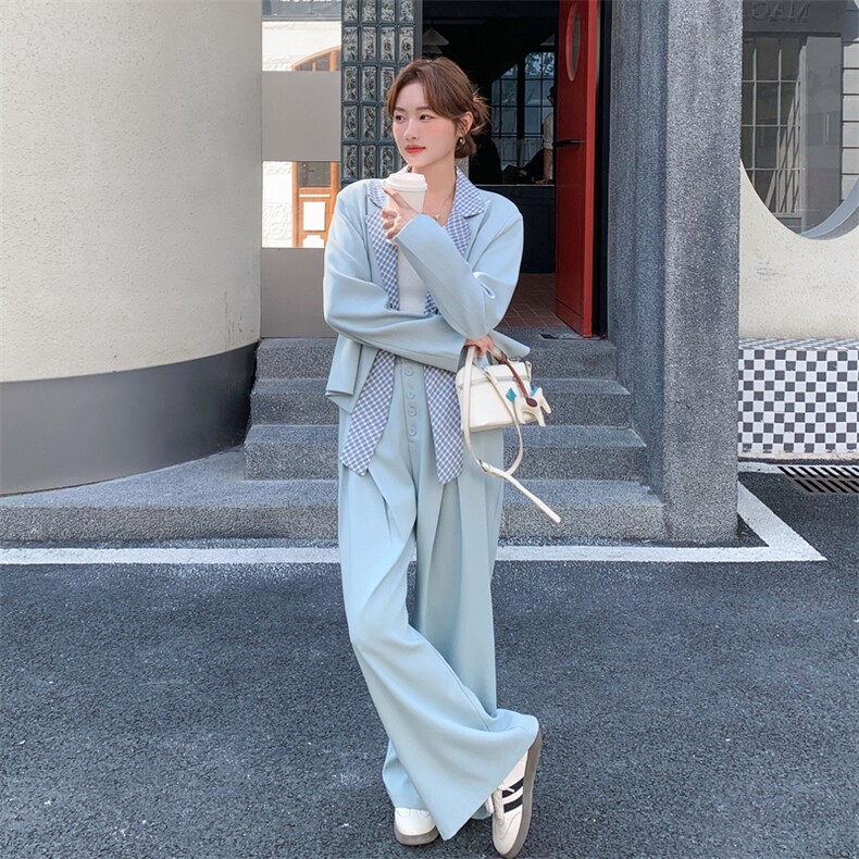 26春新款现-浅蓝温柔风拼接格子西装套装2628-P180K288,女装套装/套裙,2B190