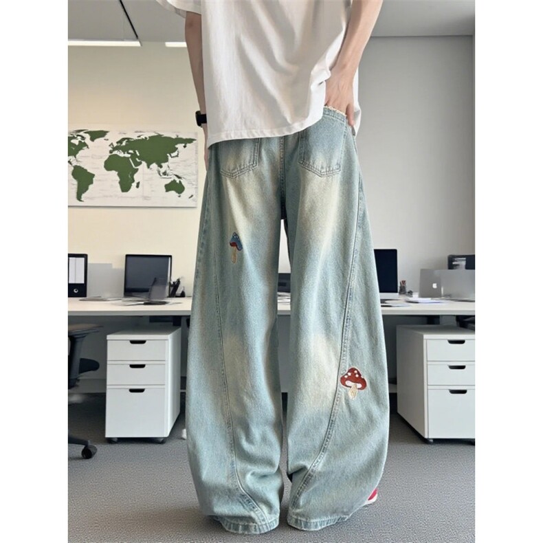 美式斜切设计弯刀男牛仔裤卡通刺绣宽松百搭阔腿裤P52YW0982,男装牛仔裤,星座1112-1