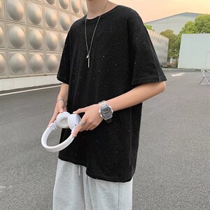 男潮流夏季圆领T恤宽松短袖满天星喷金五分袖T3052P24图片