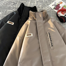 特P100无差价质感PU皮皮衣立领棉服男潮oversize加棉保暖外套M91，男装棉衣，电商A001-1
