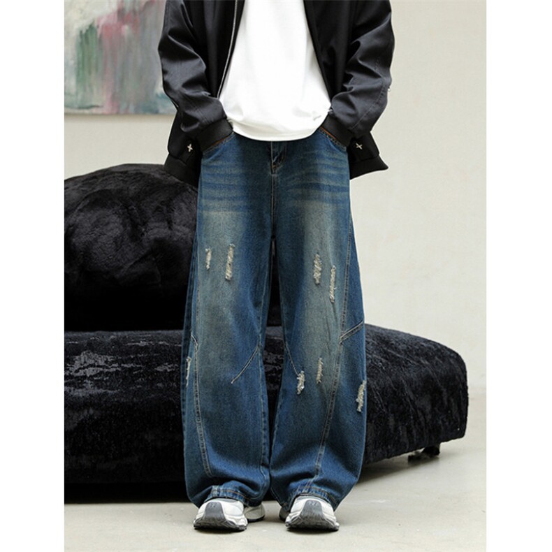 破洞拼接弯刀牛仔裤男女微喇宽松解构伐木拖地直筒阔腿裤N8057，男装牛仔裤，星座1116A（原606A-3）