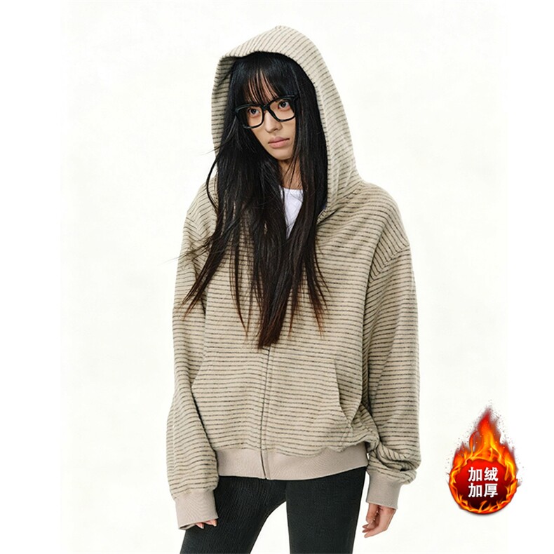 [网图]加绒开衫连帽卫衣美式复古撞色条纹外套5D1202-TP65118，女装短外套，电商A102