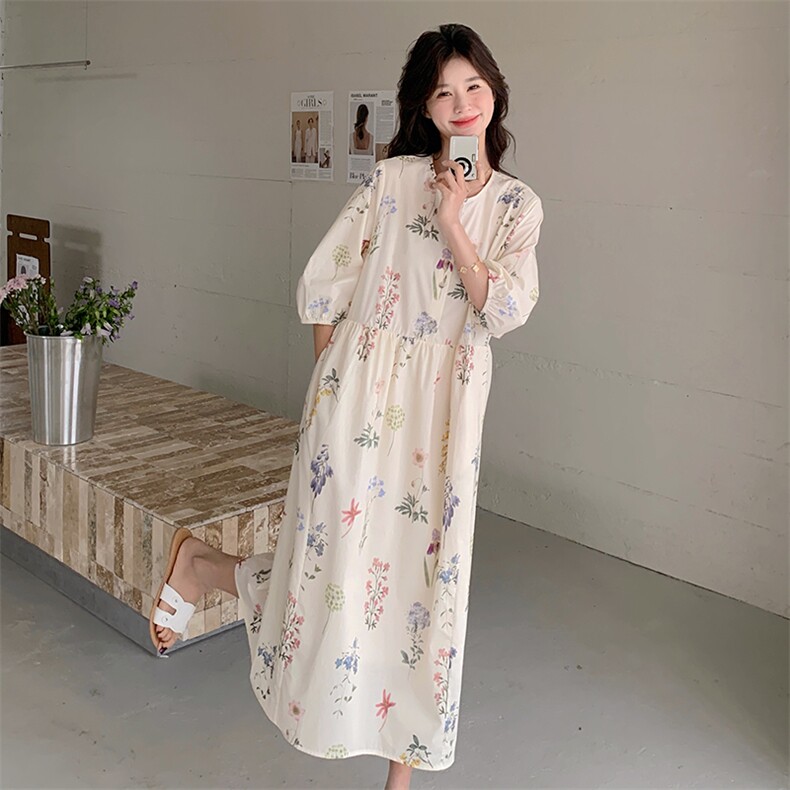 甜美减龄初恋少女印花茶歇桔梗长裙夏季新款小清新减龄连衣裙女裙,女装连衣裙,2D075