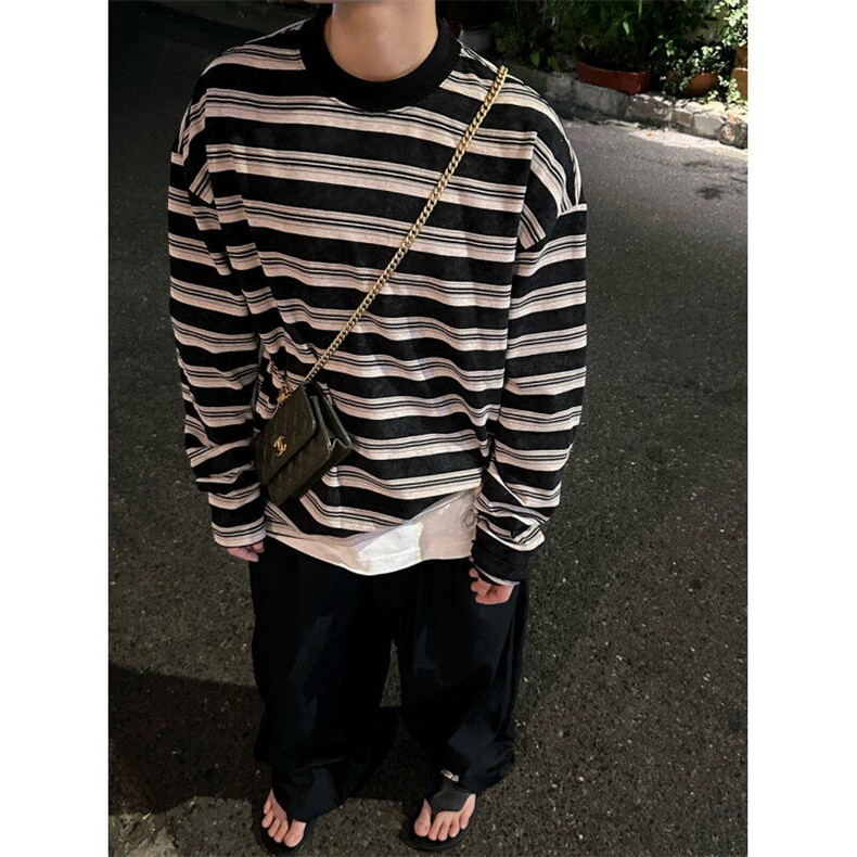 DA175-P50高质量春秋新款圆领条纹卫衣男美式宽松痞帅潮-网图现货图片