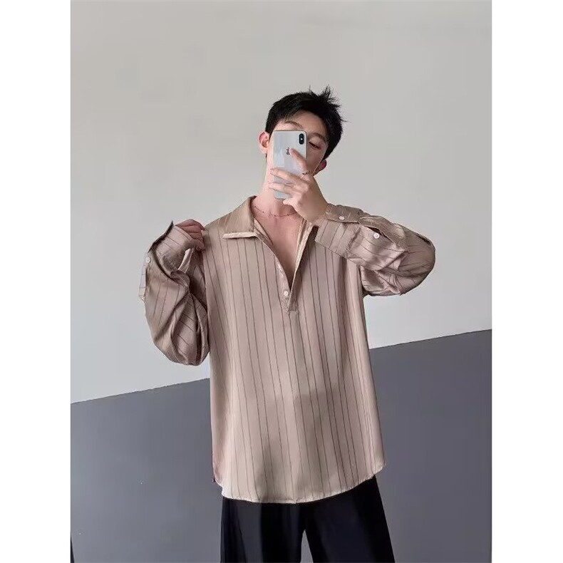 慵懒风百搭长袖polo领叠穿条纹衬衫上衣男,男装衬衫,星座410-7