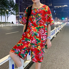 TZ203夏季新款男士T恤短裤套装东北大花大码红色蓝色青年运动套装，男装休闲套装，星座115A(原星座507）