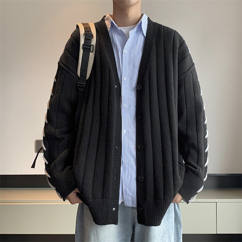 港风秋款男V领开衫毛衣抽绳穿孔拼色针织衫休闲打底外套M3120 P60图片
