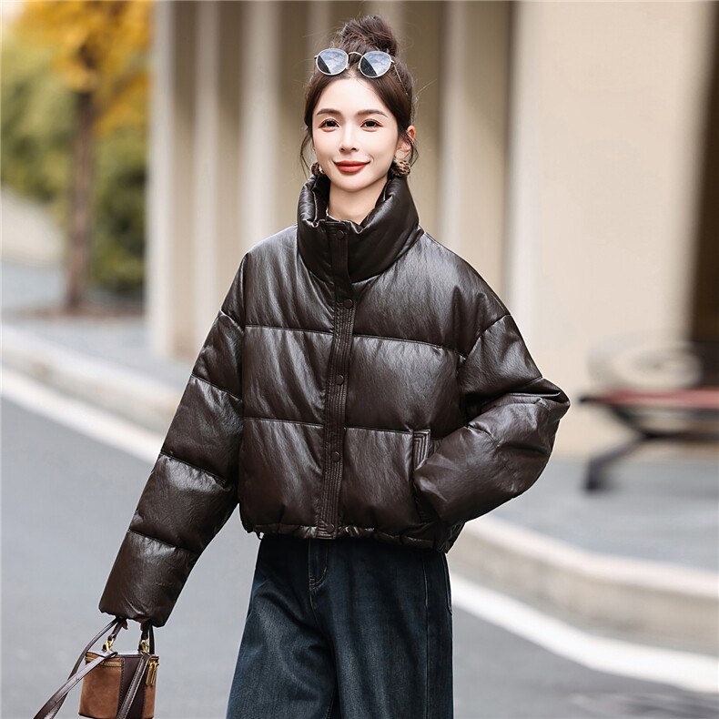 美拉德pu皮羽绒服女短款冬季新款免洗立领小个子加厚白鸭绒外套,女装羽绒服,意芙