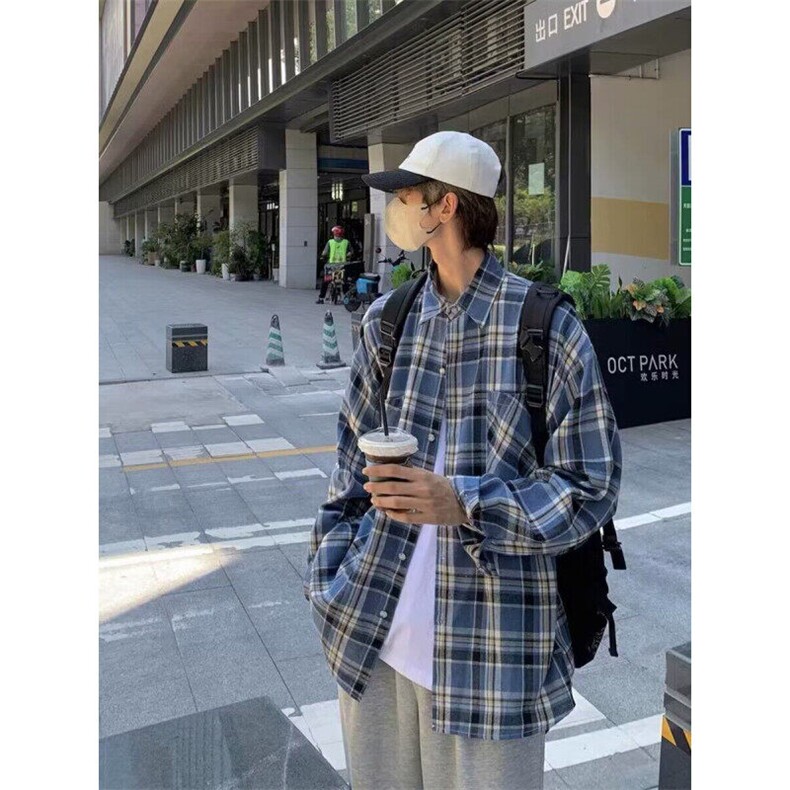 蓝色美式格纹衬衫男格子长袖衬衣高级感cleanfit外套C308-P40,男装衬衫,星座1001-1