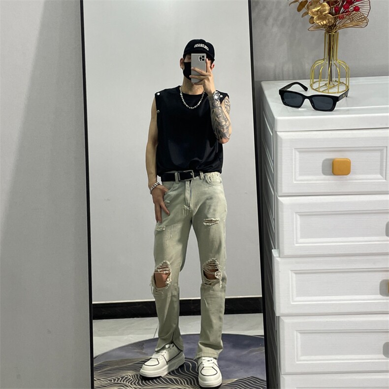 小个子美式hiphop水洗膝盖破洞牛仔裤男潮牌欧美高街JX525-P50图片