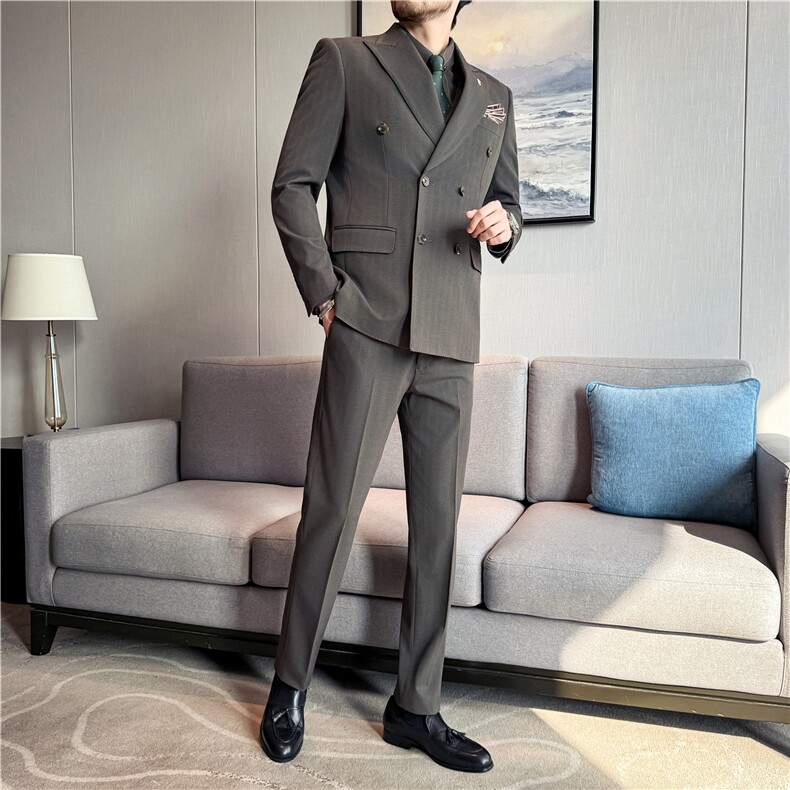 酒店新图~厚款暗条纹色织高档双排扣西装三件套西服SJT8068-P295,男装西服套装,电商A213