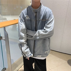 潮流古着机车渐变牛仔外套男款立领宽松美式街头拉链夹克J3343，男装夹克，星座1116A-1（原606A）