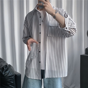 C2037/P35春季条纹工装短袖衬衣男女港风大码衬衫五分袖男图片