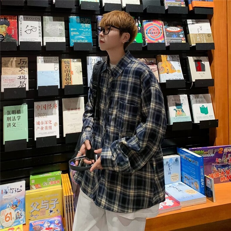 复古格子长袖衬衫港风潮流宽松休闲百搭翻领衬衣薄外套XXX22,男装衬衫,星座208-5