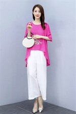 2021夏季新款简约气质圆领复古盘扣装饰时尚图案刺绣棉麻两件套，女装套装/套裙，韩宇舍