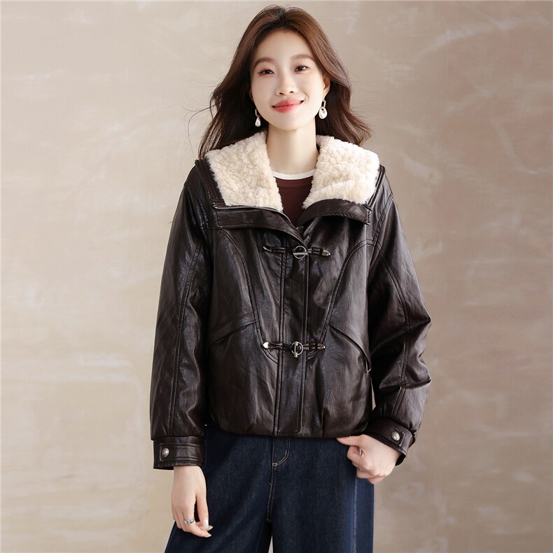 现货！现货！加绒加厚皮衣女2025冬季新款羊羔毛翻领棉衣棉服,女装棉衣/棉服,以桐