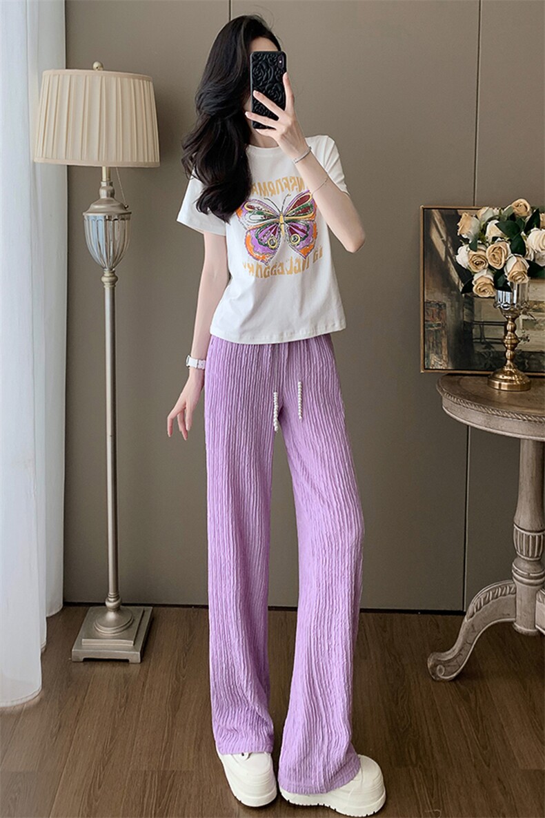 时尚休闲运动套装女夏新款宽松显瘦印花短袖紫色直筒阔腿裤两件套,女装套装/套裙,江南