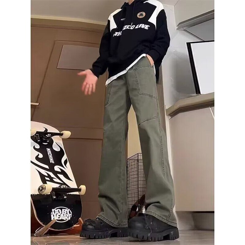 美式复古蓝色工装裤男款春秋褶皱裤子高街微喇宽松高腰直筒裤,男装休闲裤,星座506A