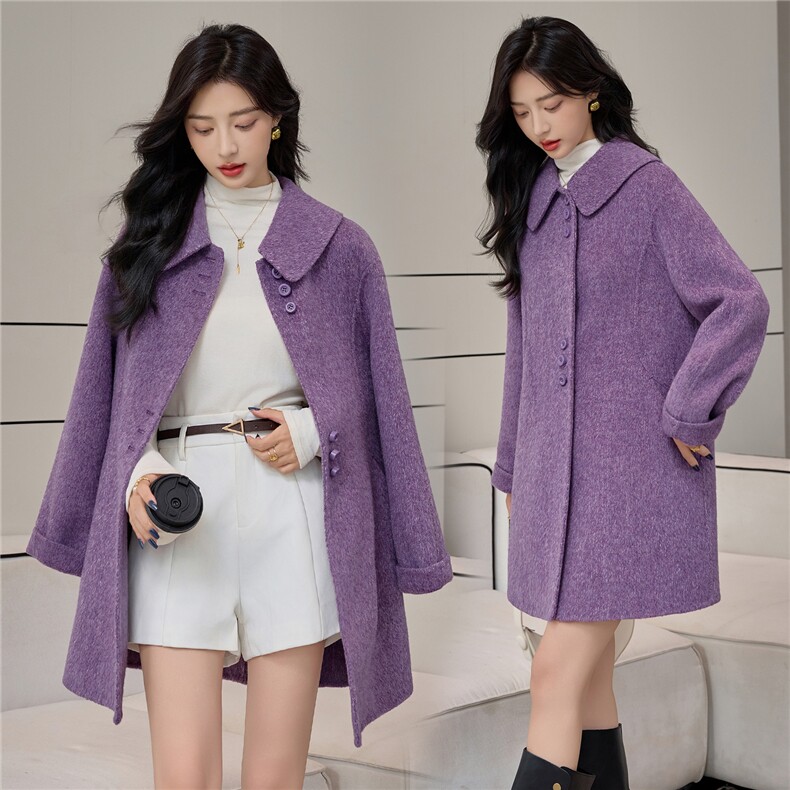25秋季新品都市通勤双面羊驼毛混纺oversize风复古翻领大衣外套，女装双面呢大衣，小荷流