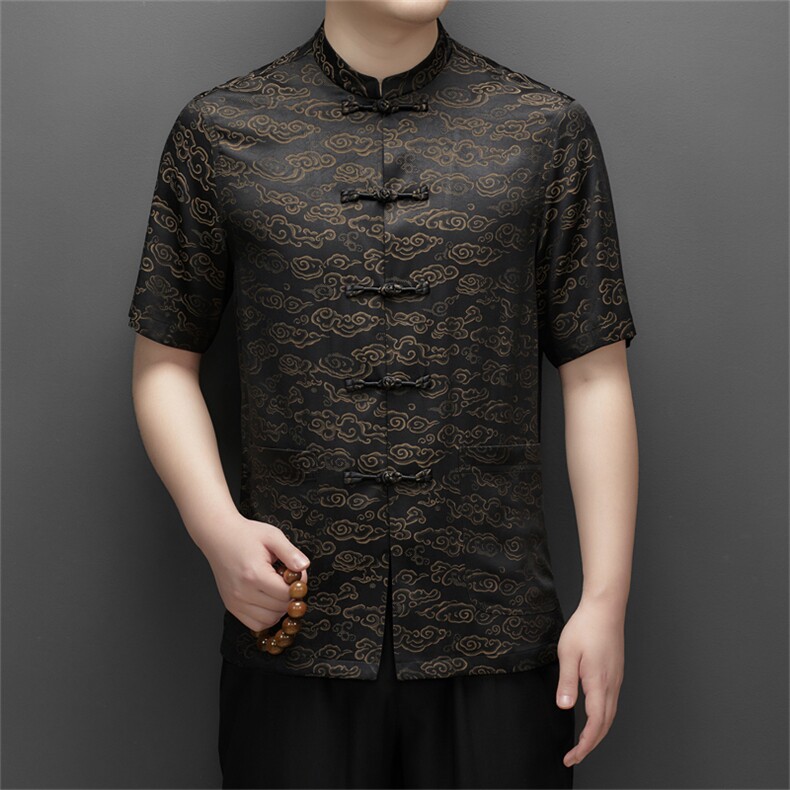 中山装男士短袖衬衫夏季中老年唐装衬衣爸爸装结婚礼服套装P108,男装衬衫,钱塘6003B