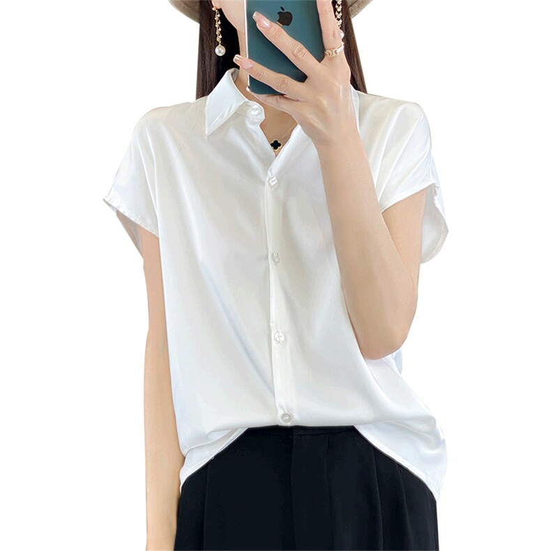 翻领短袖单排扣纯色显瘦气质2024年夏季衬衫,女装衬衫,绒宛羊绒