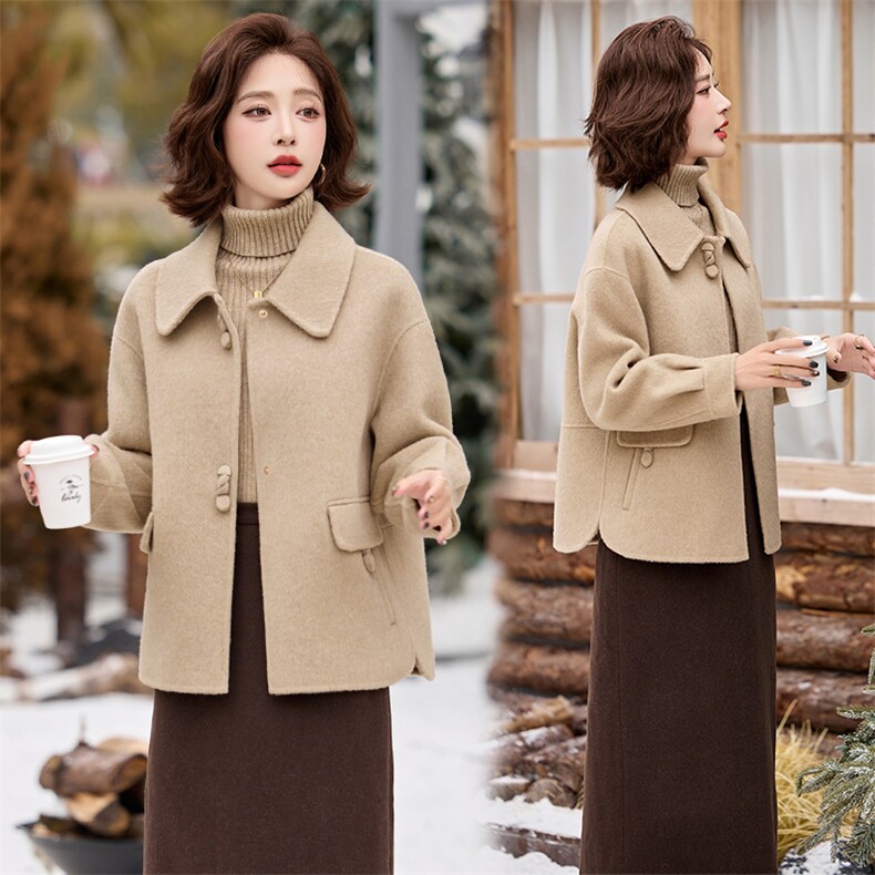 中年女士双面羊绒大衣短款酒红色妈妈羊毛外套40岁50喜婆婆婚宴装，女装双面呢大衣，衣之秀