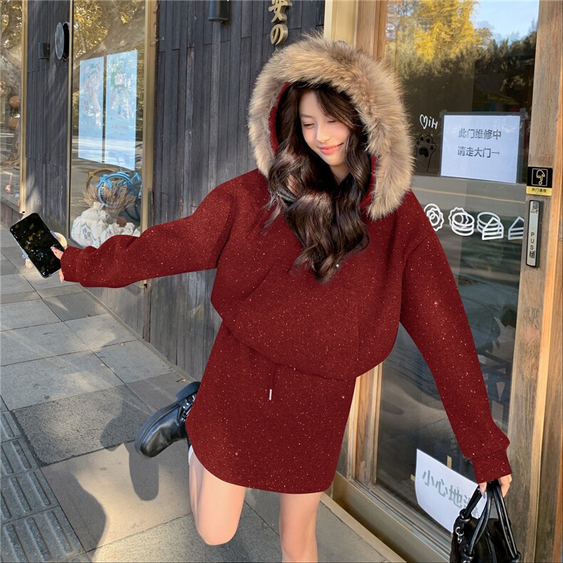 现货：冬装新款连帽时尚加厚毛呢半身裙两件套2C135-8966P225K338,女装毛呢外套,2C135