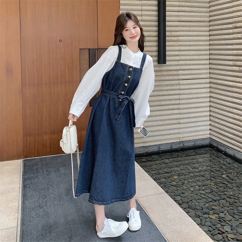 学院风牛仔背带裙两件套女2025春秋季新款韩版减龄显瘦吊带裙套装,女装套装/套裙,维壹
