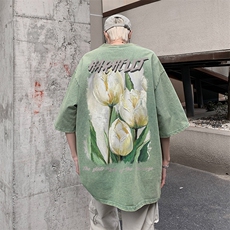 B239-1091-P38油画郁金香印花复古水洗做旧重磅落肩袖短袖T恤，男装T恤，星座514-2(原B239)