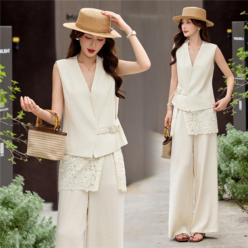 现货轻熟风气质套装女2026夏季麻料薄款西装马甲上衣阔腿裤两件套，女装套装/套裙，艾仟回(原伊仟回)