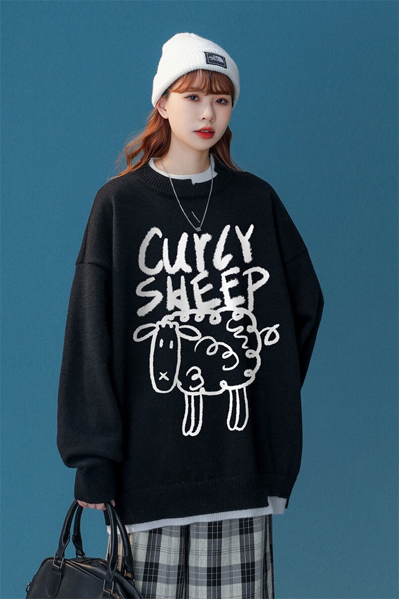 中性22秋冬趣味小羊印花假两件百搭宽松情侣针织毛衣M206P65控88,男装针织衫/毛衣,A247A