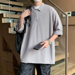 PL9053/P35冰丝短袖POLO衫男夏季宽松纯色上衣美式潮牌半拉链t恤图片