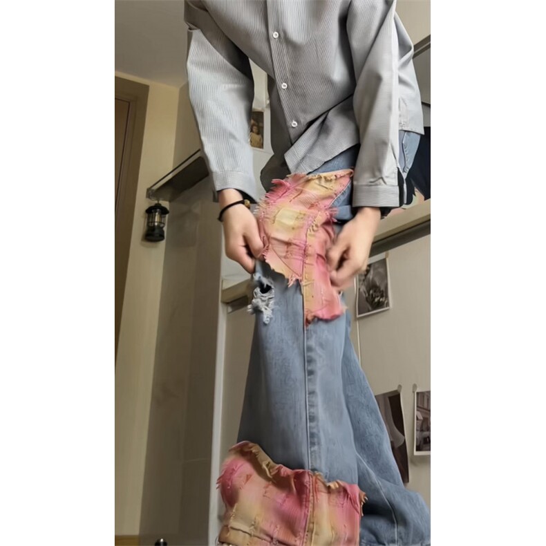 美式高街拼接显高牛仔裤男女微喇叭裤印花拼接休闲长裤GJ379P60,男装牛仔裤,电商D256A(原A064A)
