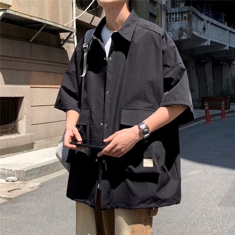 工装短袖衬衫男夏季设计感五分袖衬衣潮牌痞帅休闲外套CS0308-P35,男装衬衫,星座308B-2