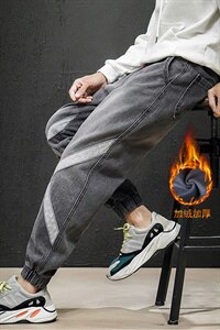 男士日系加厚长裤潮男贴布设计束脚裤青少年牛仔裤K60加绒-P45图片