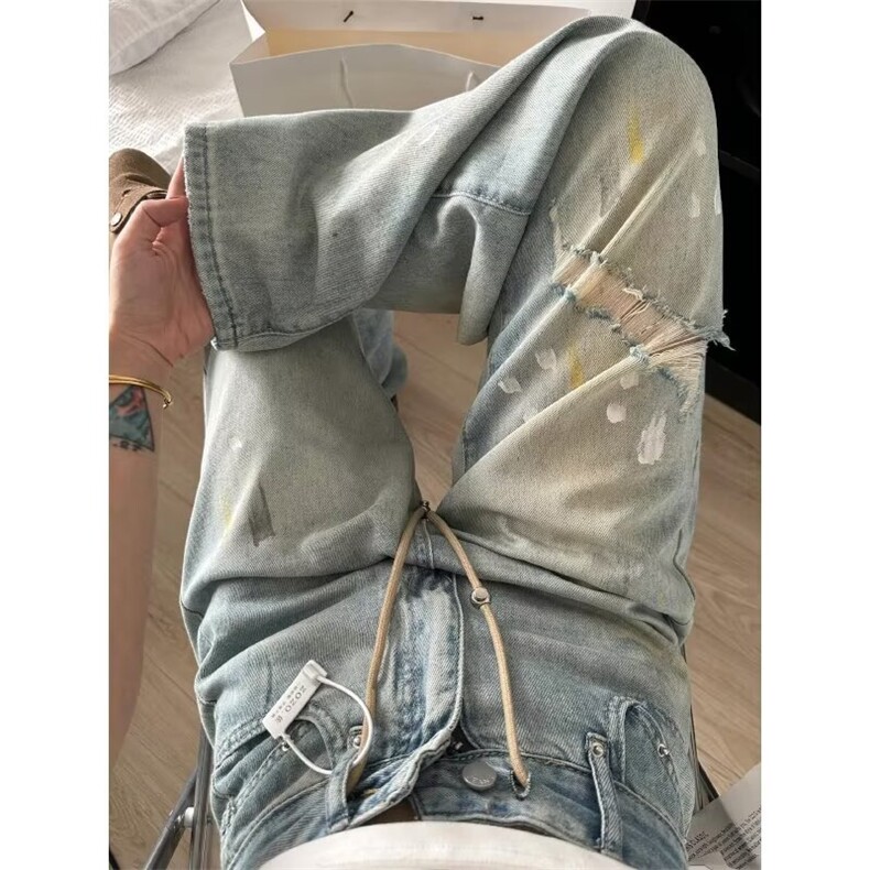 美式复古彩绘涂鸦破洞牛仔裤女夏季新款设计感宽松高腰直筒阔腿裤,男装牛仔裤,星座1210-1