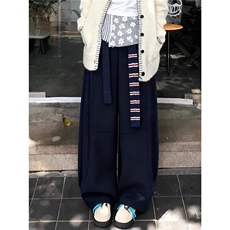 日系简约休闲风藏蓝色加绒卫裤女遮胯显瘦高腰阔腿裤百搭2025冬季，男装休闲裤，星座506A